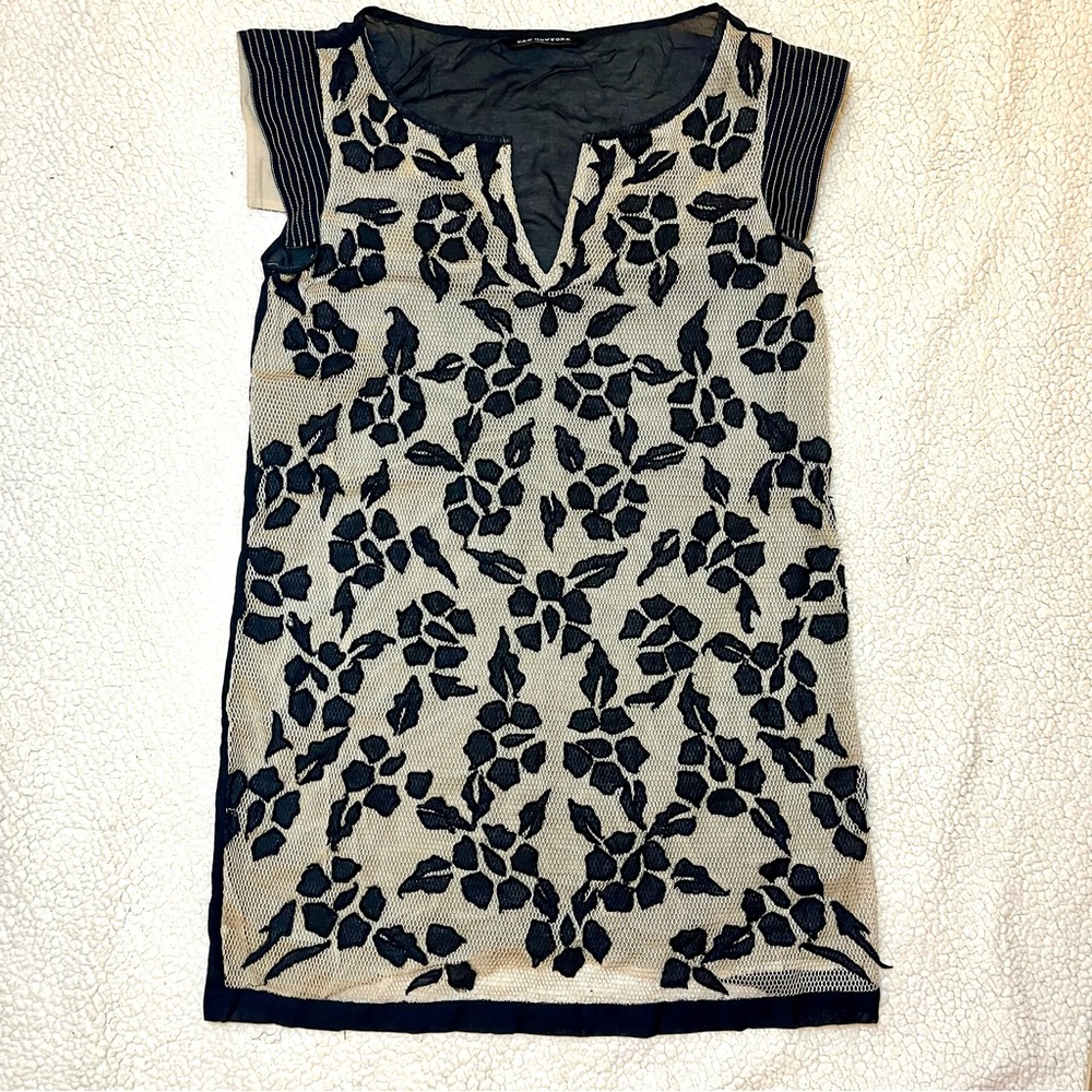 Black and Cream Tunic, sheer back, Lacey mesh-like overlay in front Kas New York